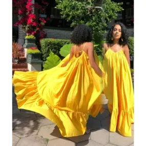 Light Weight See Through Summer Cover Up Spaghetti Strap Maxi Swing Beach Evening Spring Party Dress yellow
