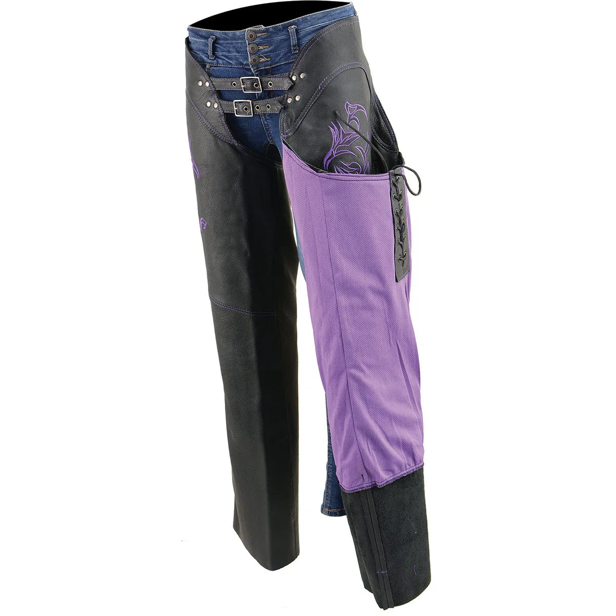 Milwaukee Leather Chaps for Women Black and Purple Low-Rise Waist-