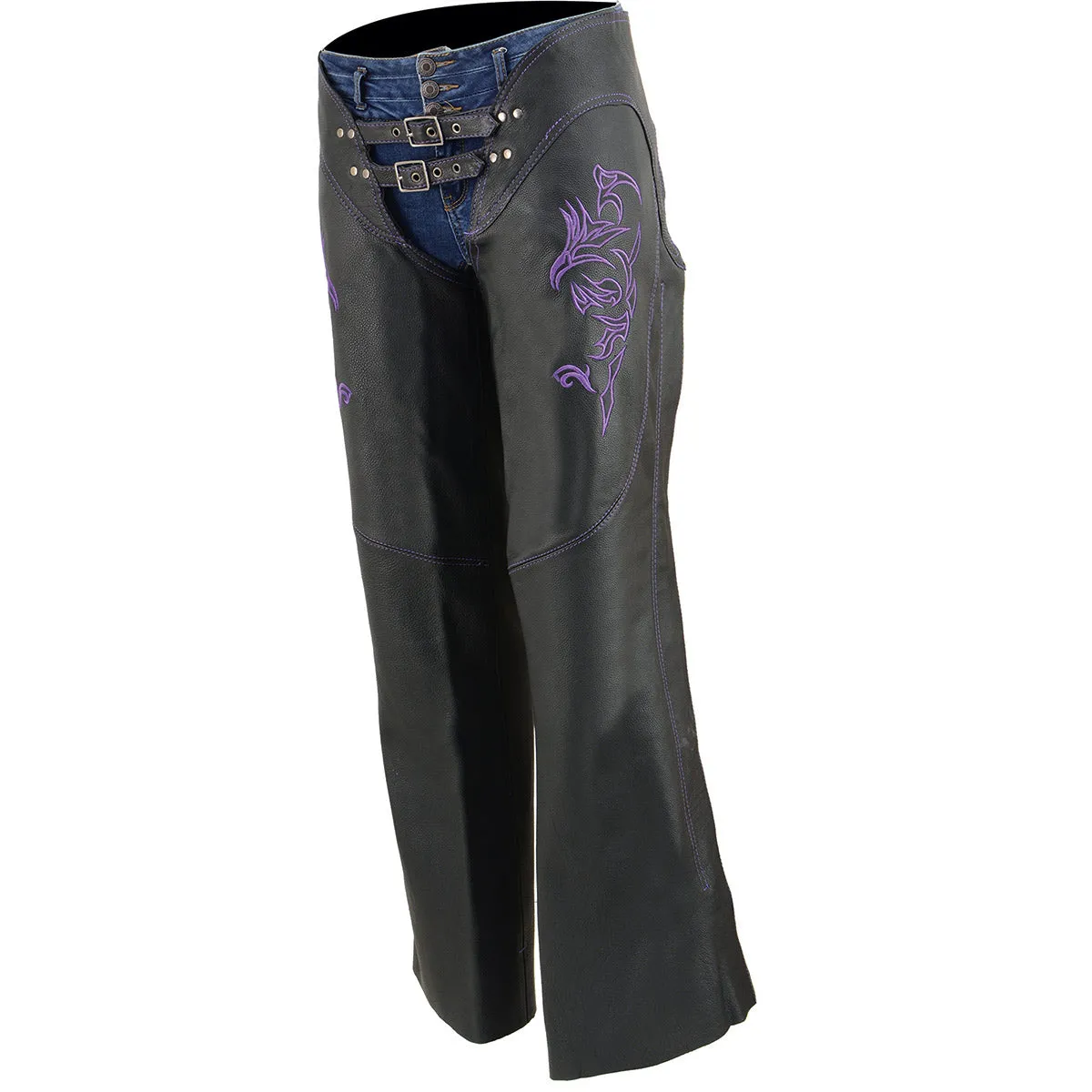 Milwaukee Leather Chaps for Women Black and Purple Low-Rise Waist-