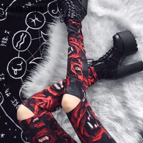 Monster Teeth Print Hollow Out Skinny Pants