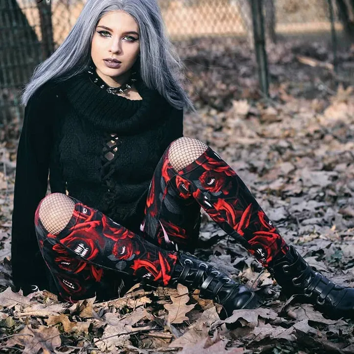 Monster Teeth Print Hollow Out Skinny Pants