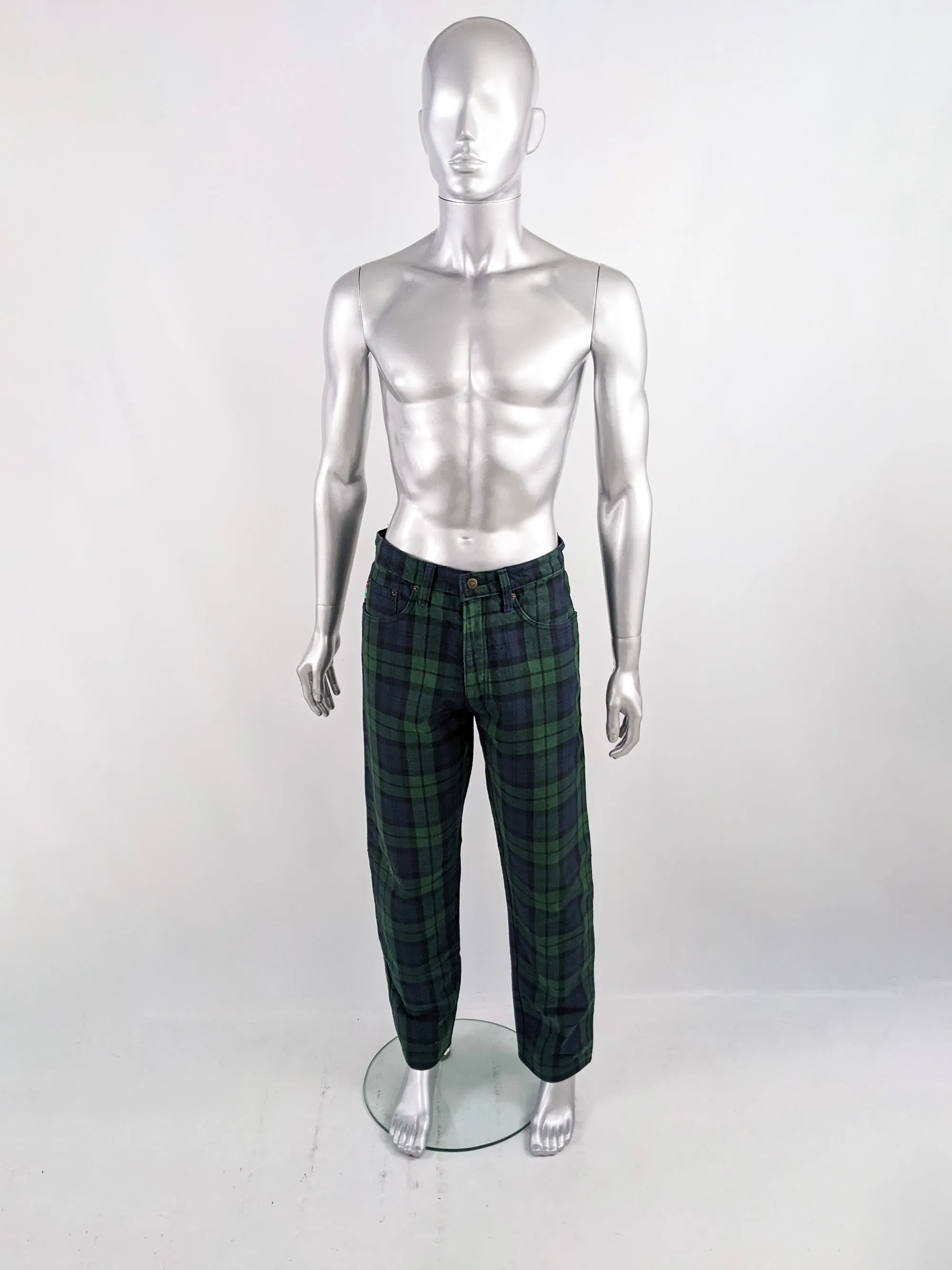 Moschino Vintage Mens Blue & Green Tartan Jeans, 1980s