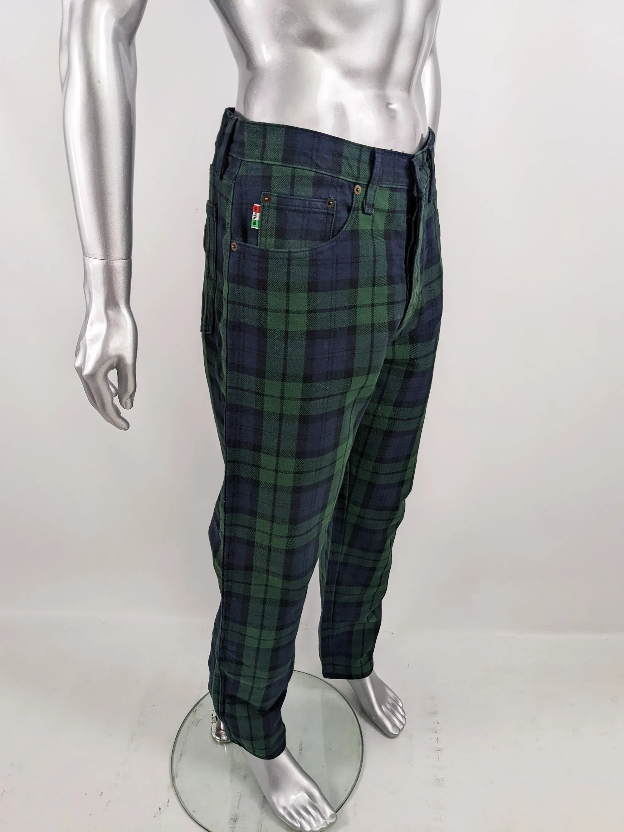 Moschino Vintage Mens Blue & Green Tartan Jeans, 1980s