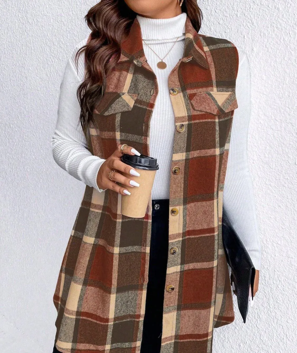 Plaid Elegance Plus Size Button-Up Vest with Pockets