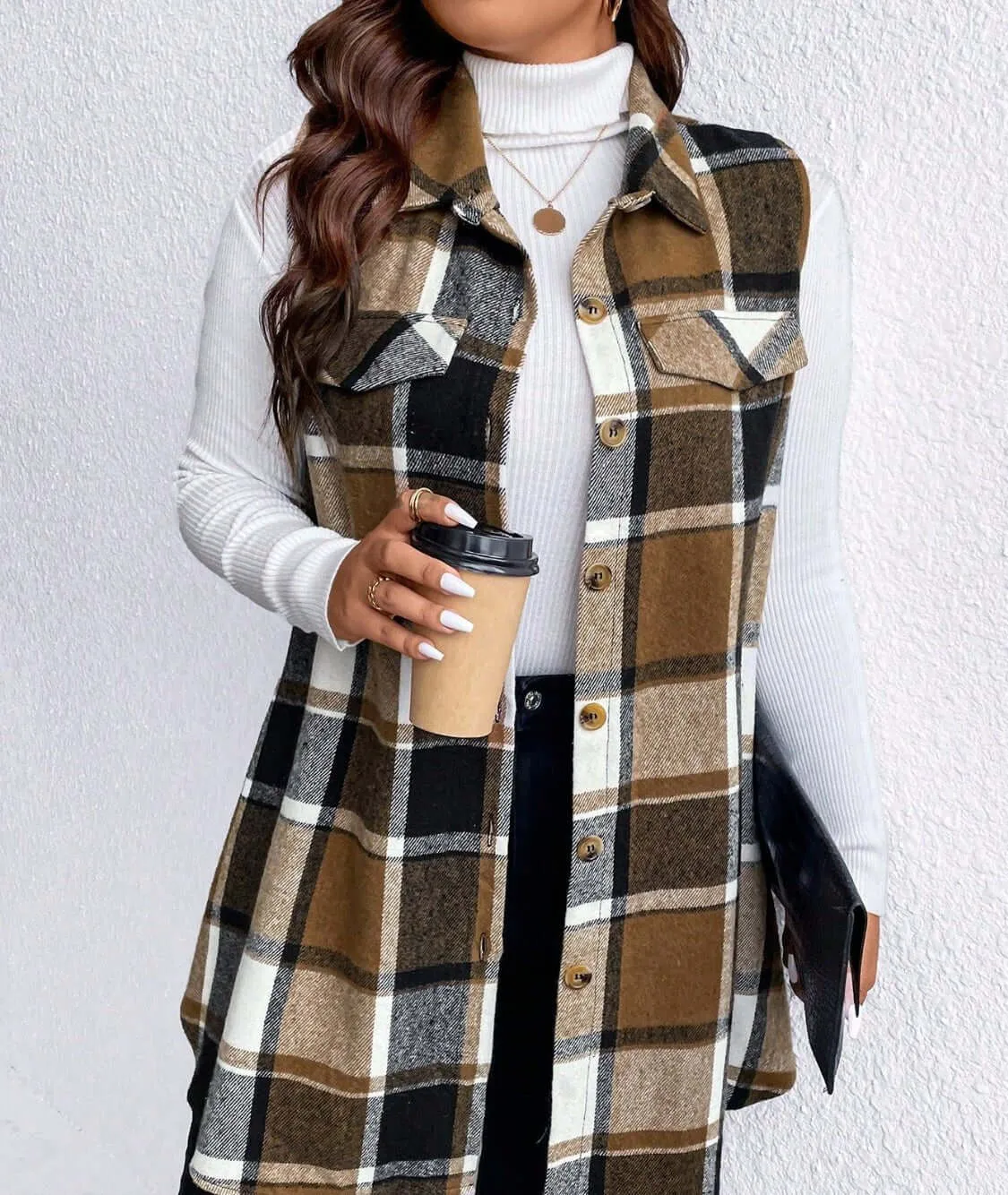 Plaid Elegance Plus Size Button-Up Vest with Pockets