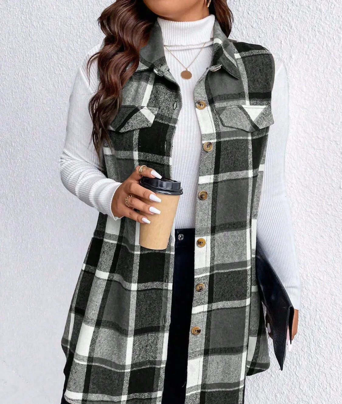 Plaid Elegance Plus Size Button-Up Vest with Pockets