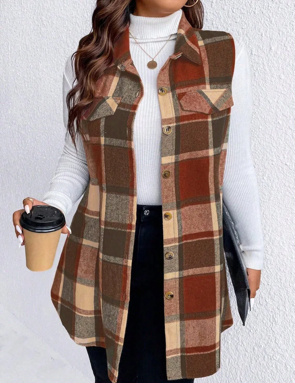 Plaid Elegance Plus Size Button-Up Vest with Pockets