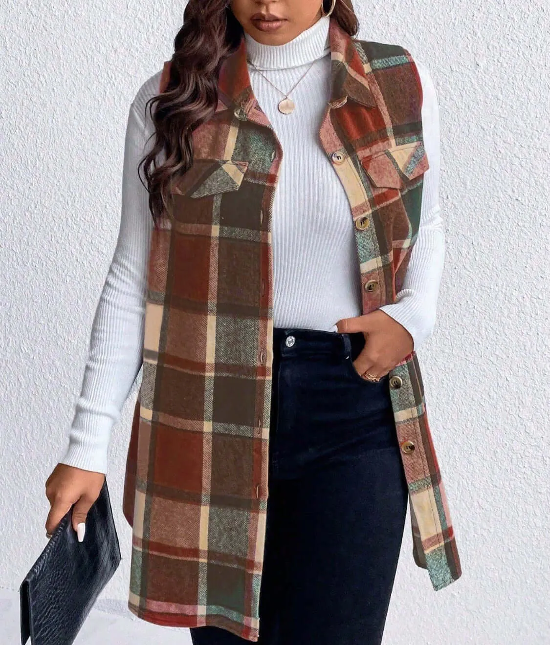 Plaid Elegance Plus Size Button-Up Vest with Pockets