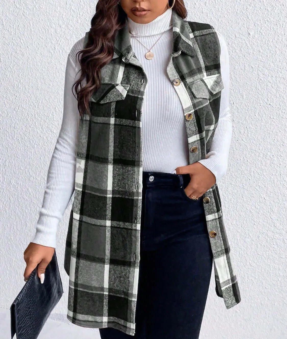 Plaid Elegance Plus Size Button-Up Vest with Pockets