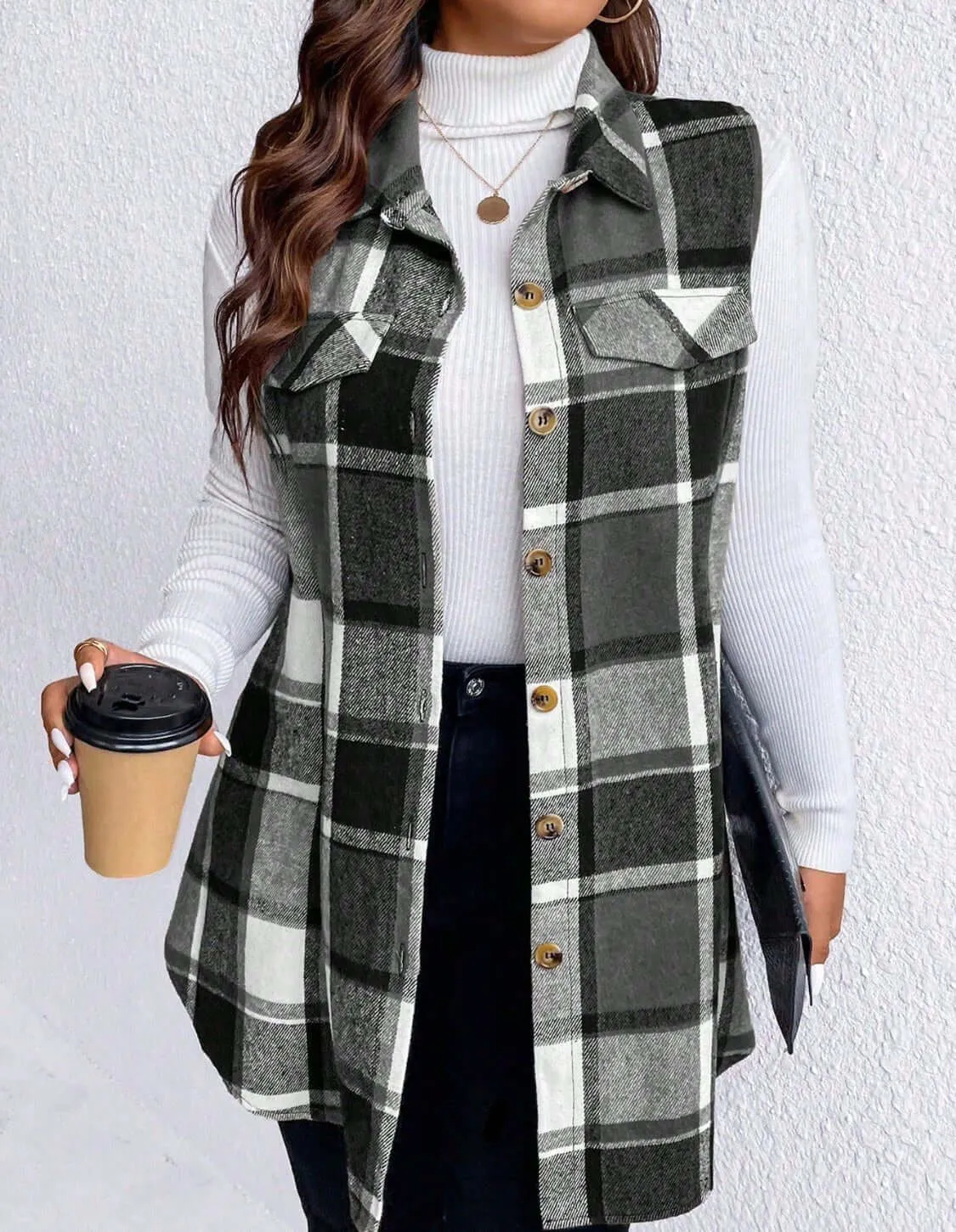 Plaid Elegance Plus Size Button-Up Vest with Pockets