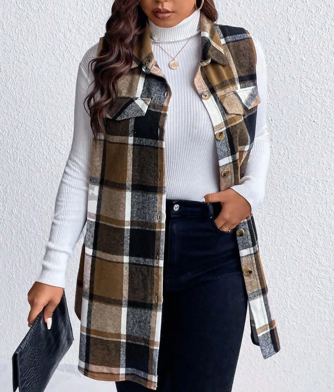 Plaid Elegance Plus Size Button-Up Vest with Pockets