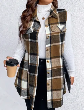 Plaid Elegance Plus Size Button-Up Vest with Pockets