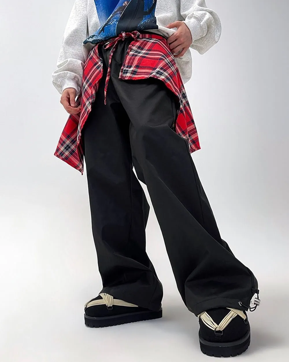 Plaid Shirt-Tied Baggy Jeans