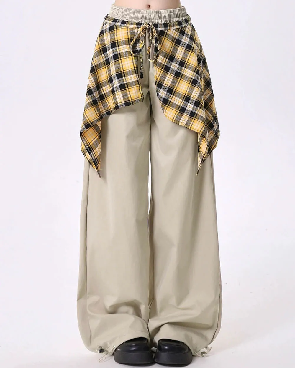 Plaid Shirt-Tied Baggy Jeans