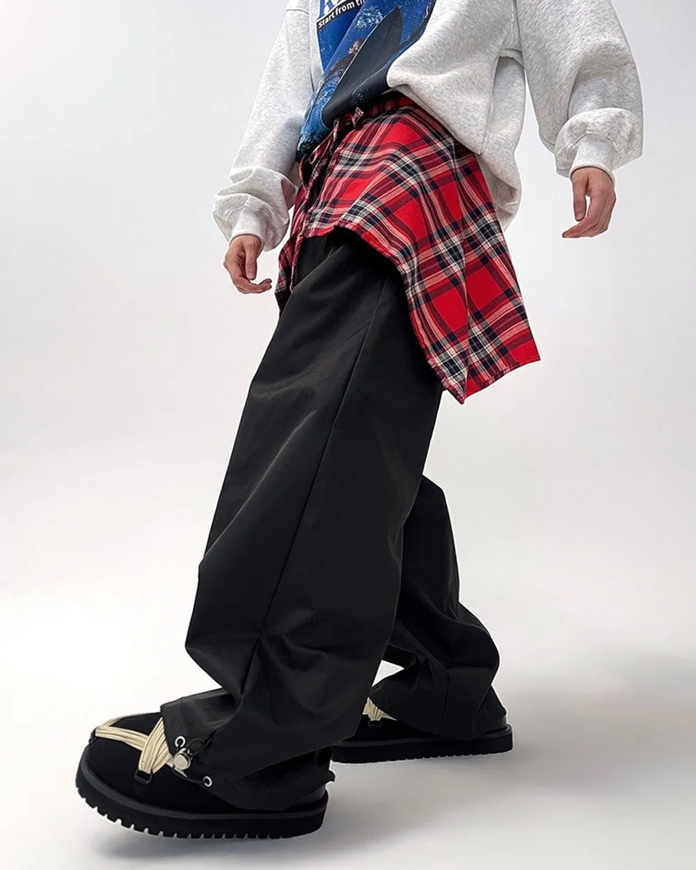 Plaid Shirt-Tied Baggy Jeans