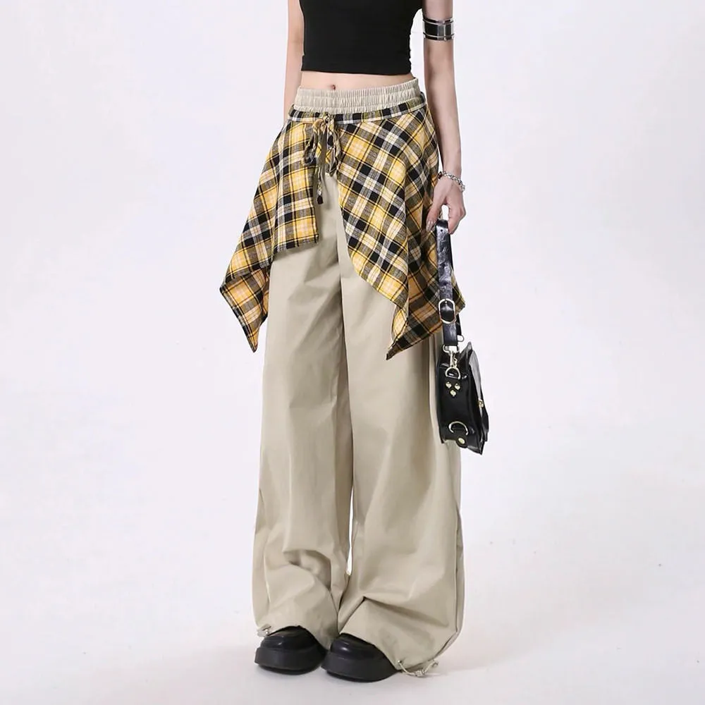 Plaid Shirt-Tied Baggy Jeans