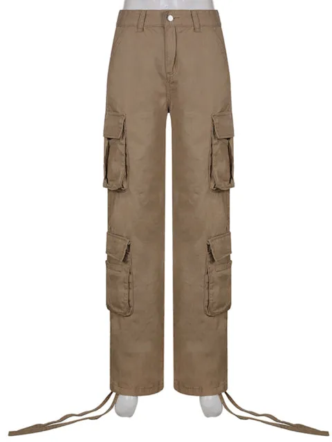 Purpdrank - Khaki Solid Baggy Cargo Pants Women Low Waist Mom Jeans Vintage 90s Grunge Streetwear Casual Hippie Denim Trousers