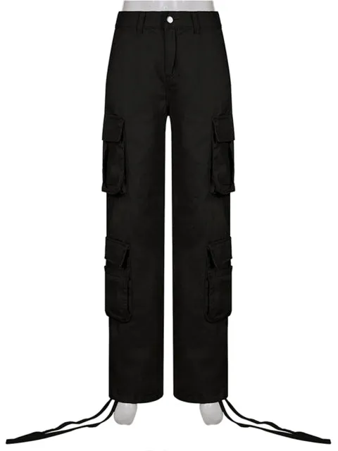 Purpdrank - Khaki Solid Baggy Cargo Pants Women Low Waist Mom Jeans Vintage 90s Grunge Streetwear Casual Hippie Denim Trousers