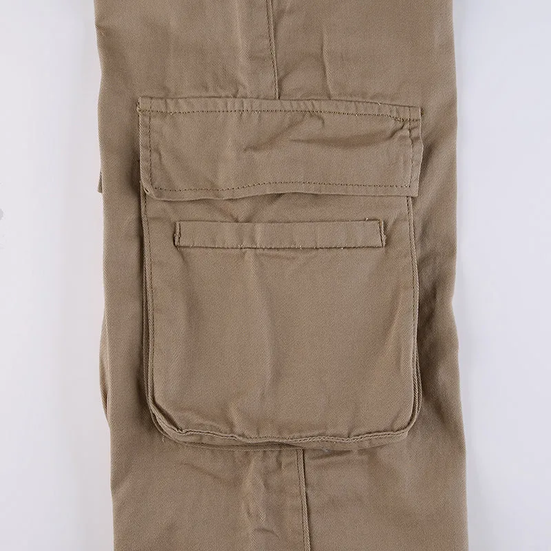 Purpdrank - Khaki Solid Baggy Cargo Pants Women Low Waist Mom Jeans Vintage 90s Grunge Streetwear Casual Hippie Denim Trousers