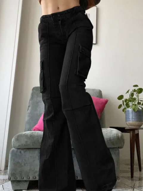 Purpdrank - Khaki Solid Baggy Cargo Pants Women Low Waist Mom Jeans Vintage 90s Grunge Streetwear Casual Hippie Denim Trousers