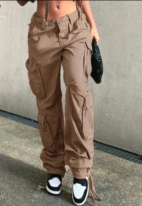 Purpdrank - Khaki Solid Baggy Cargo Pants Women Low Waist Mom Jeans Vintage 90s Grunge Streetwear Casual Hippie Denim Trousers