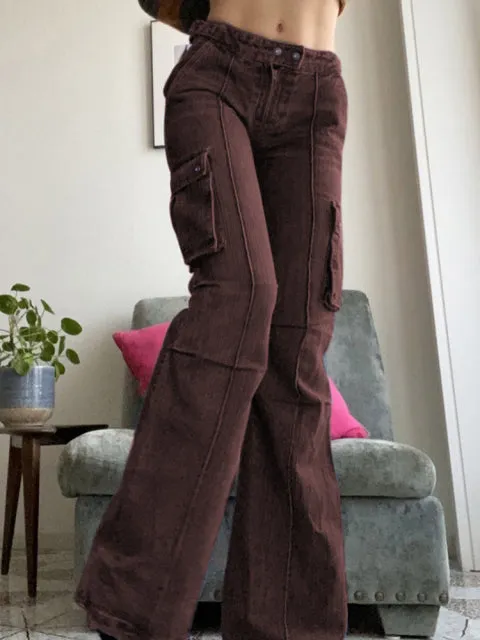Purpdrank - Khaki Solid Baggy Cargo Pants Women Low Waist Mom Jeans Vintage 90s Grunge Streetwear Casual Hippie Denim Trousers