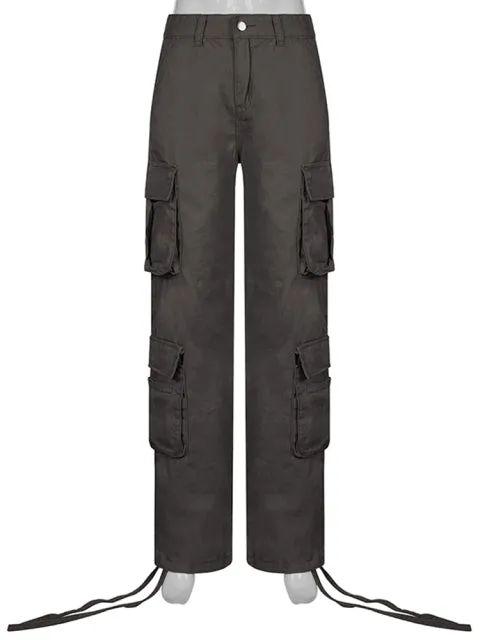 Purpdrank - Khaki Solid Baggy Cargo Pants Women Low Waist Mom Jeans Vintage 90s Grunge Streetwear Casual Hippie Denim Trousers