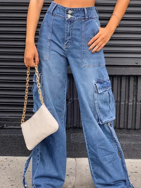 Purpdrank - Khaki Solid Baggy Cargo Pants Women Low Waist Mom Jeans Vintage 90s Grunge Streetwear Casual Hippie Denim Trousers