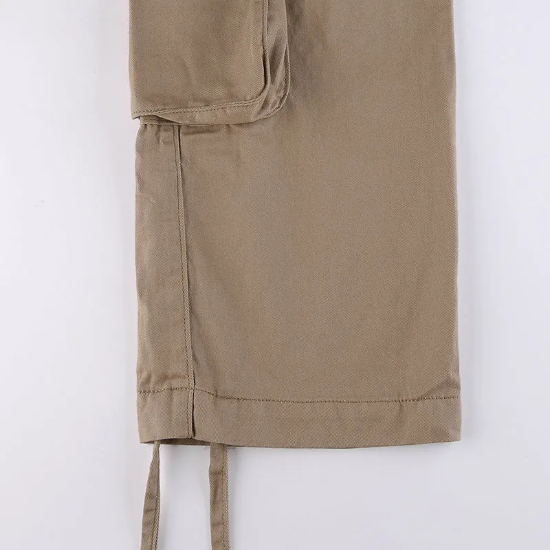Purpdrank - Khaki Solid Baggy Cargo Pants Women Low Waist Mom Jeans Vintage 90s Grunge Streetwear Casual Hippie Denim Trousers