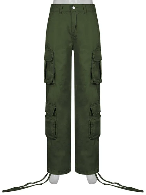 Purpdrank - Khaki Solid Baggy Cargo Pants Women Low Waist Mom Jeans Vintage 90s Grunge Streetwear Casual Hippie Denim Trousers