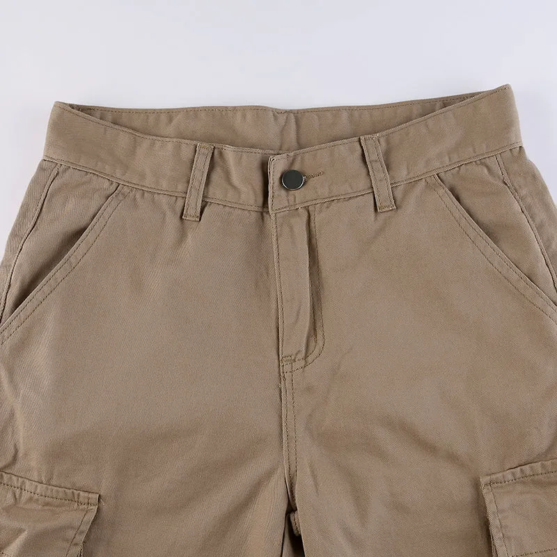 Purpdrank - Khaki Solid Baggy Cargo Pants Women Low Waist Mom Jeans Vintage 90s Grunge Streetwear Casual Hippie Denim Trousers