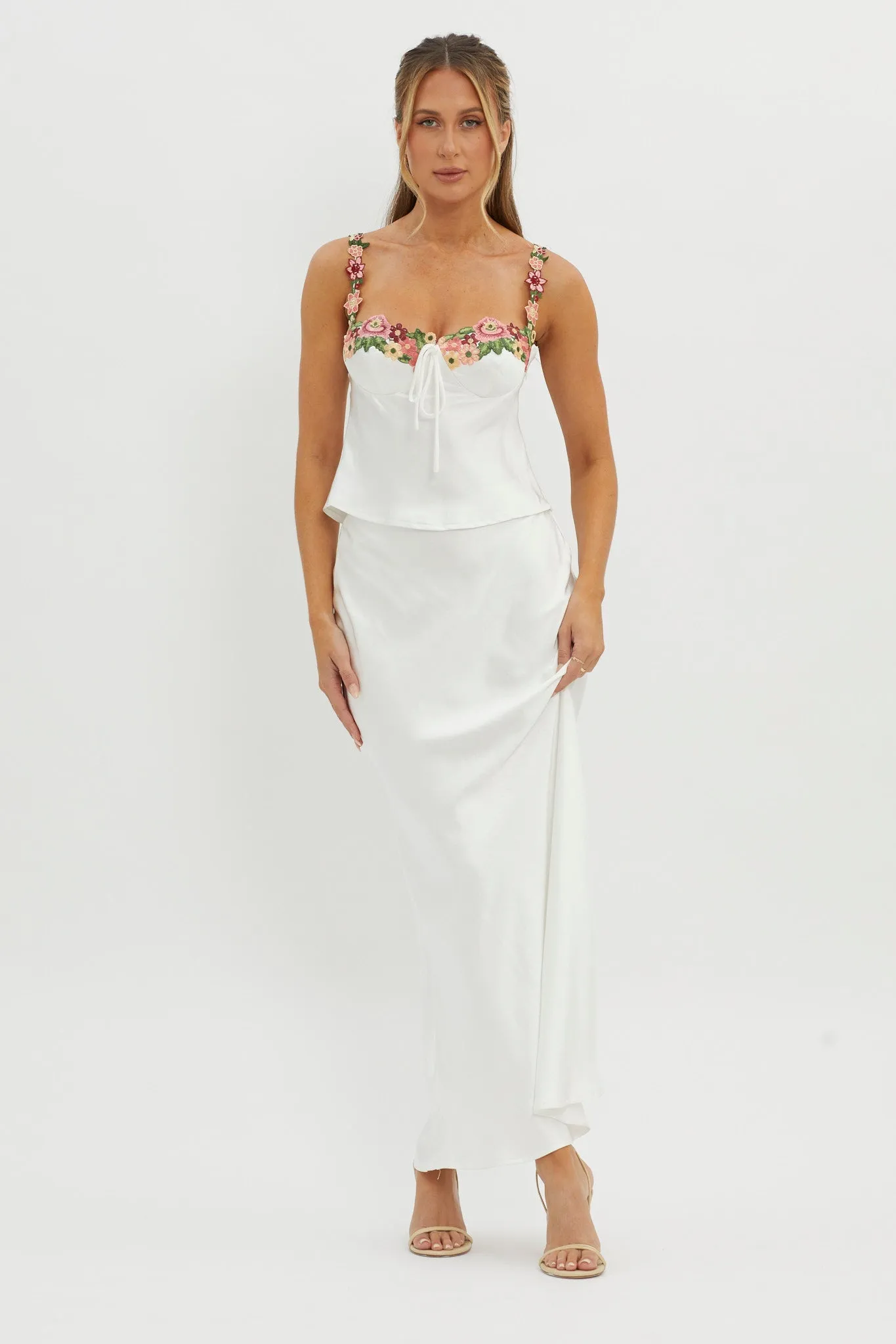Rose Garden Satin Maxi Skirt White