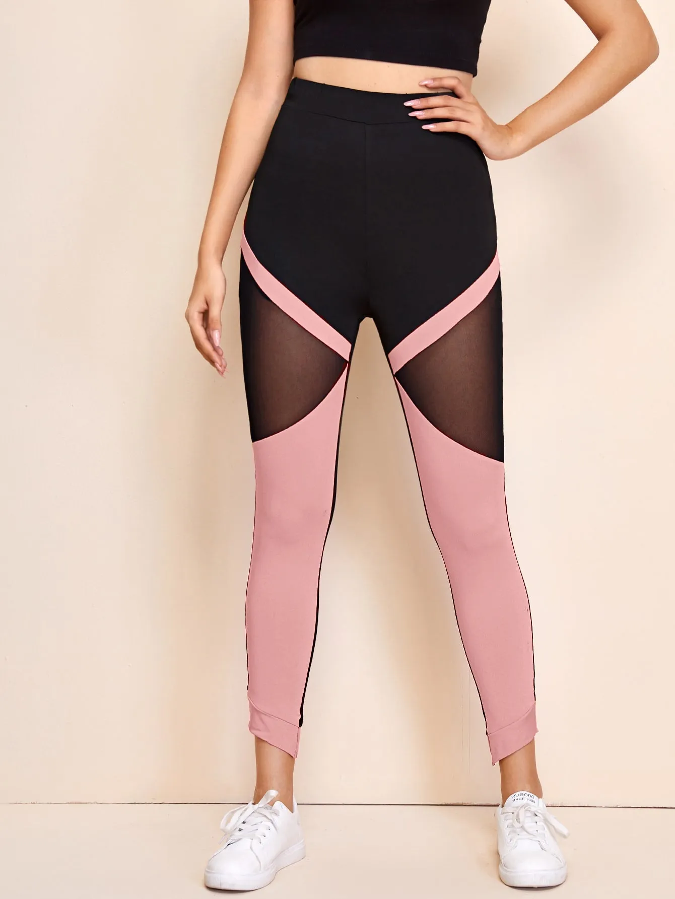 Sporty Colorblock Sheer Cropped Women Leggings