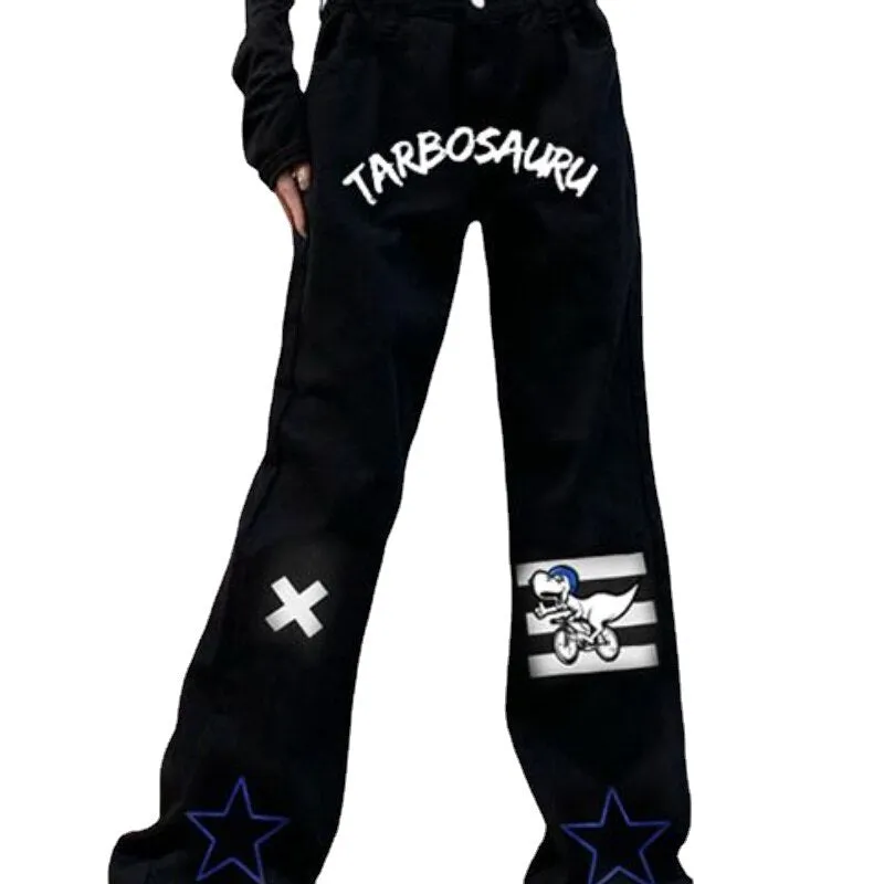 Street Funny Print Low Waisted Cargo Pants Y2K Aesthetics Indie Women Jeans Trend Denim Trousers  Harajuku Grunge Wide Leg Jeans