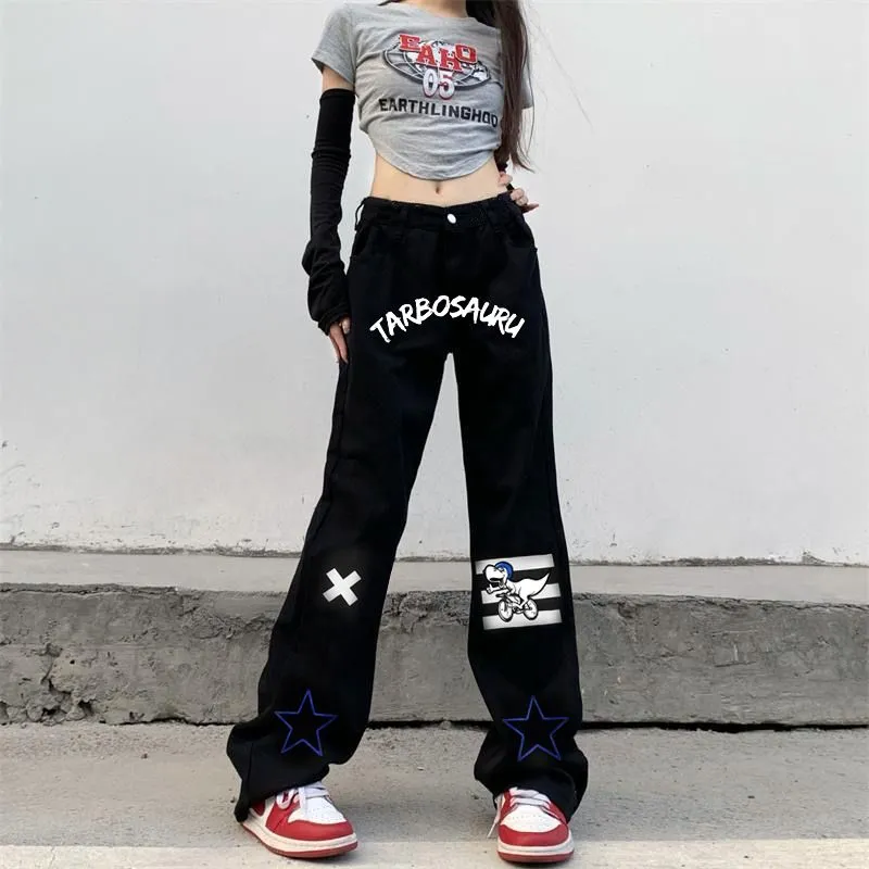 Street Funny Print Low Waisted Cargo Pants Y2K Aesthetics Indie Women Jeans Trend Denim Trousers  Harajuku Grunge Wide Leg Jeans