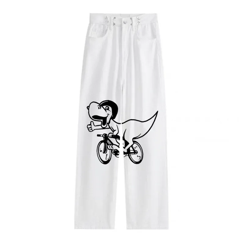 Street Funny Print Low Waisted Cargo Pants Y2K Aesthetics Indie Women Jeans Trend Denim Trousers  Harajuku Grunge Wide Leg Jeans