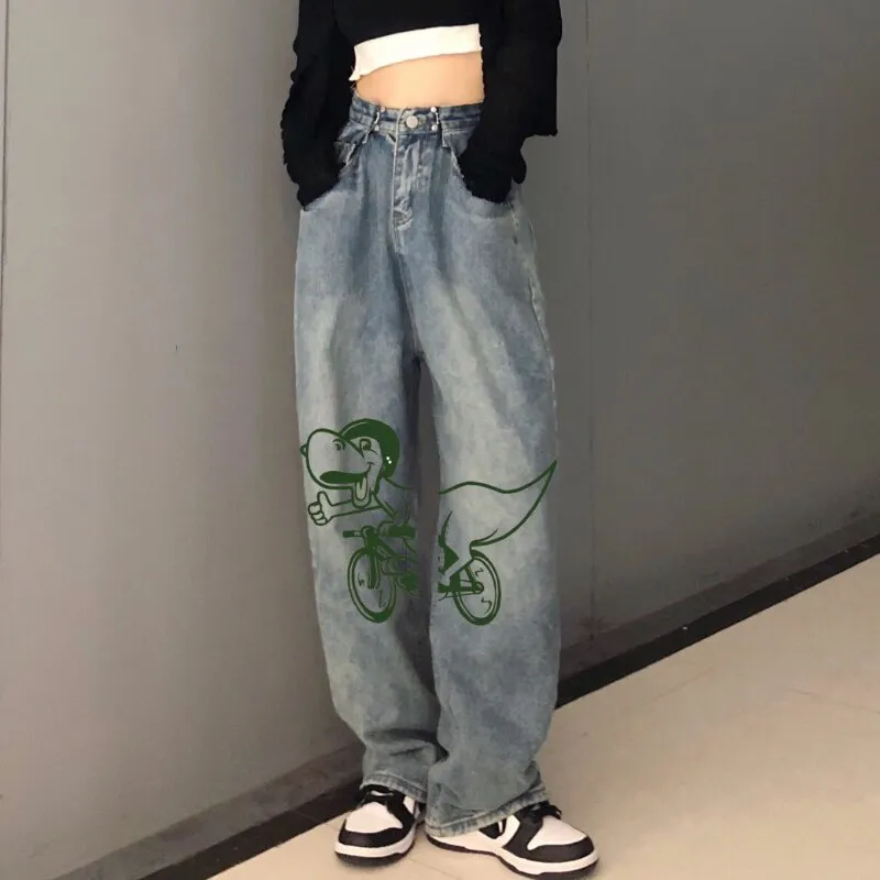Street Funny Print Low Waisted Cargo Pants Y2K Aesthetics Indie Women Jeans Trend Denim Trousers  Harajuku Grunge Wide Leg Jeans