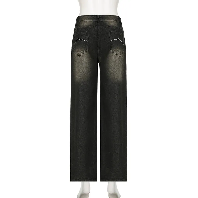 Streetwear Grunge Baggy Jeans Women Vintage Distressed Straight Leg Y2K Denim Pants 90s Aesthetic Outfits Washed Chic