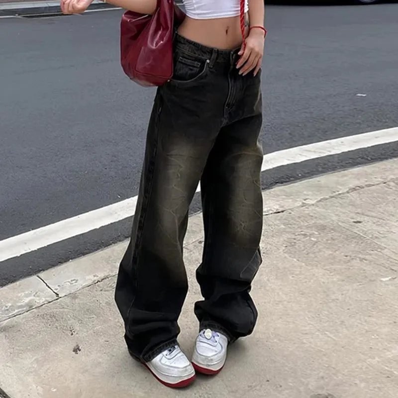 Streetwear Grunge Baggy Jeans Women Vintage Distressed Straight Leg Y2K Denim Pants 90s Aesthetic Outfits Washed Chic