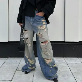 Streetwear Grunge Straight Leg Ripped Jeans Women Hole Distressed Harajuku Baggy Pants Full Length Denim Trousers New