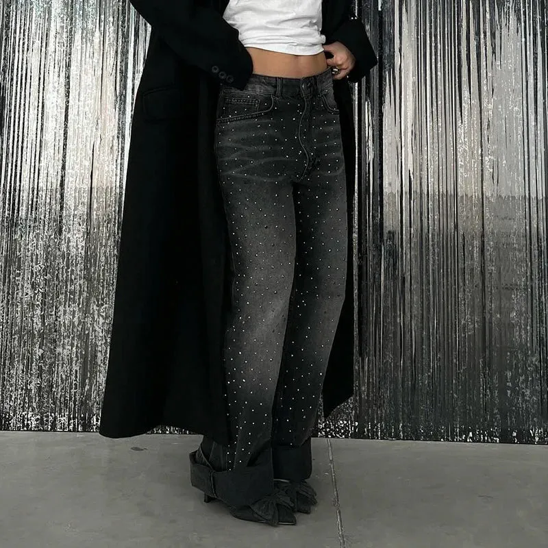 Streetwear Rhinestone Bling Female Jeans Baggy Pants Distressed Grunge Outfits Denim Trousers Straight Vintage Bottom