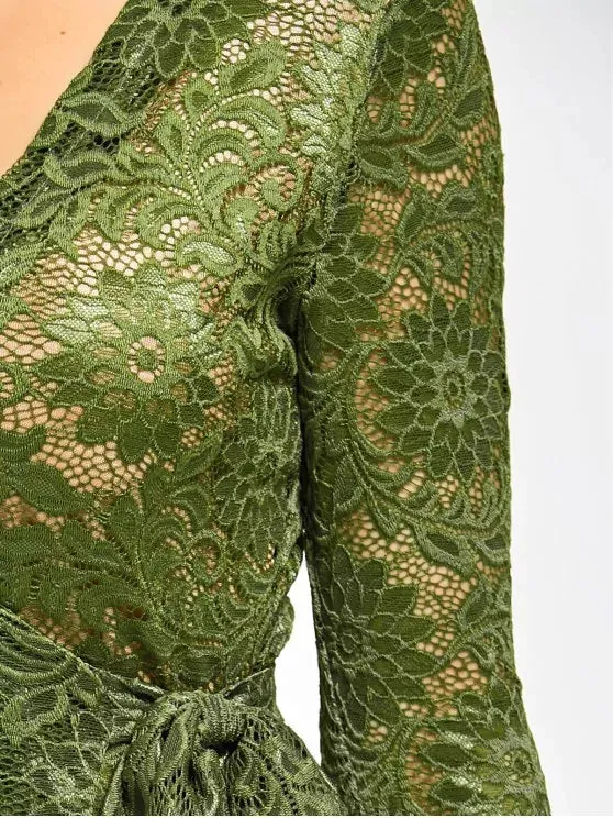 TastyHottie - Trendy Plunging Neck Floral Lace Wrap Dress