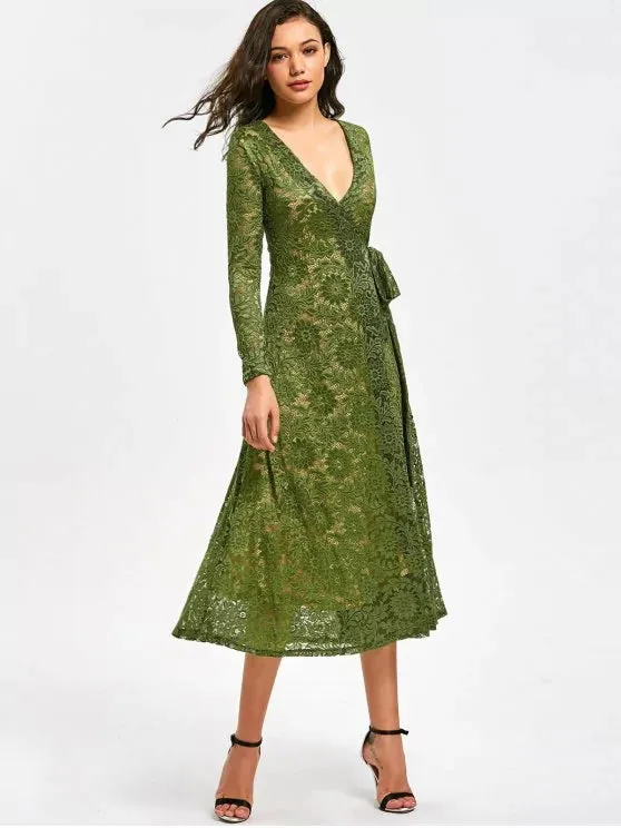 TastyHottie - Trendy Plunging Neck Floral Lace Wrap Dress