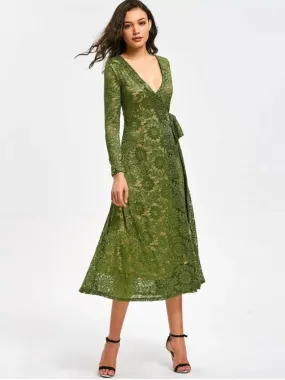 TastyHottie - Trendy Plunging Neck Floral Lace Wrap Dress