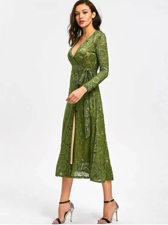 TastyHottie - Trendy Plunging Neck Floral Lace Wrap Dress