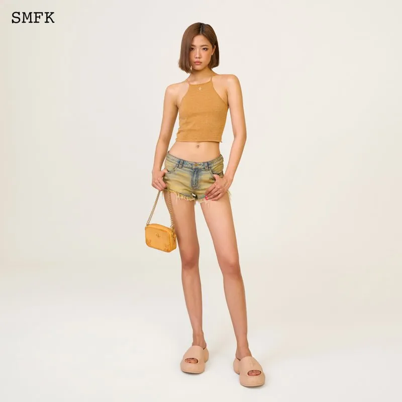 Temple Traditional Plain Knitted Sling Vest Top Golden