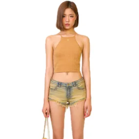 Temple Traditional Plain Knitted Sling Vest Top Golden