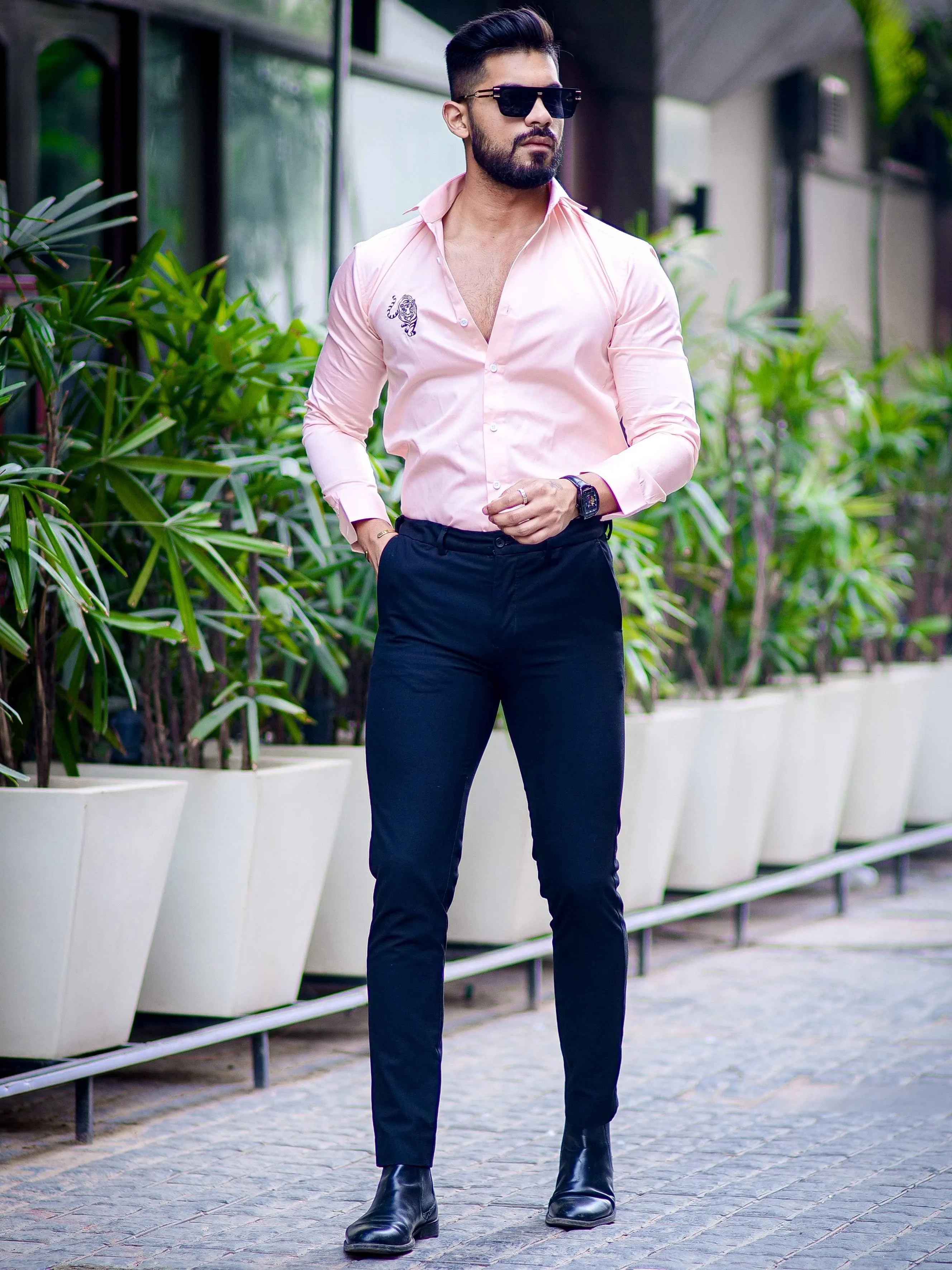 Tiger Embroidered Peach Premium Cotton Shirt For Men's