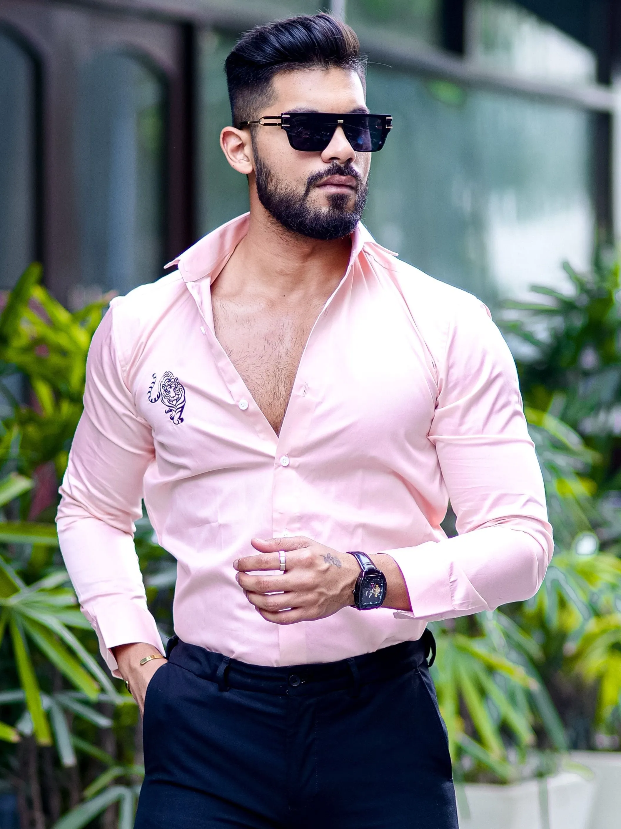 Tiger Embroidered Peach Premium Cotton Shirt For Men's