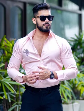 Tiger Embroidered Peach Premium Cotton Shirt For Men's